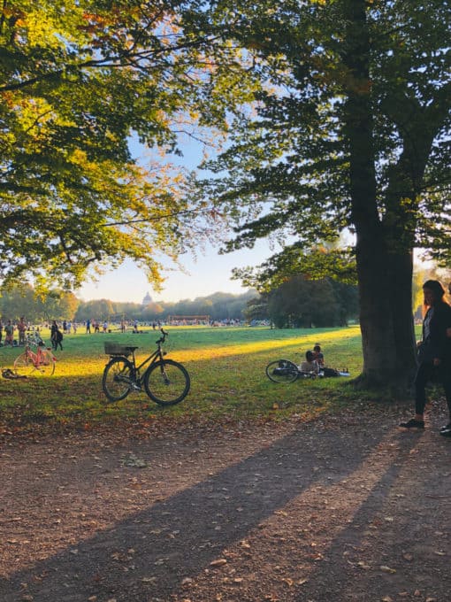 Englischer Garten mit Fahrrad und vielen Menschen im Hintergrund